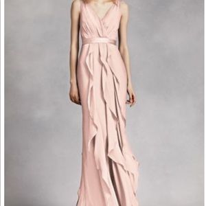 David’s bridal V-neck wrapped bodice dress. Blush